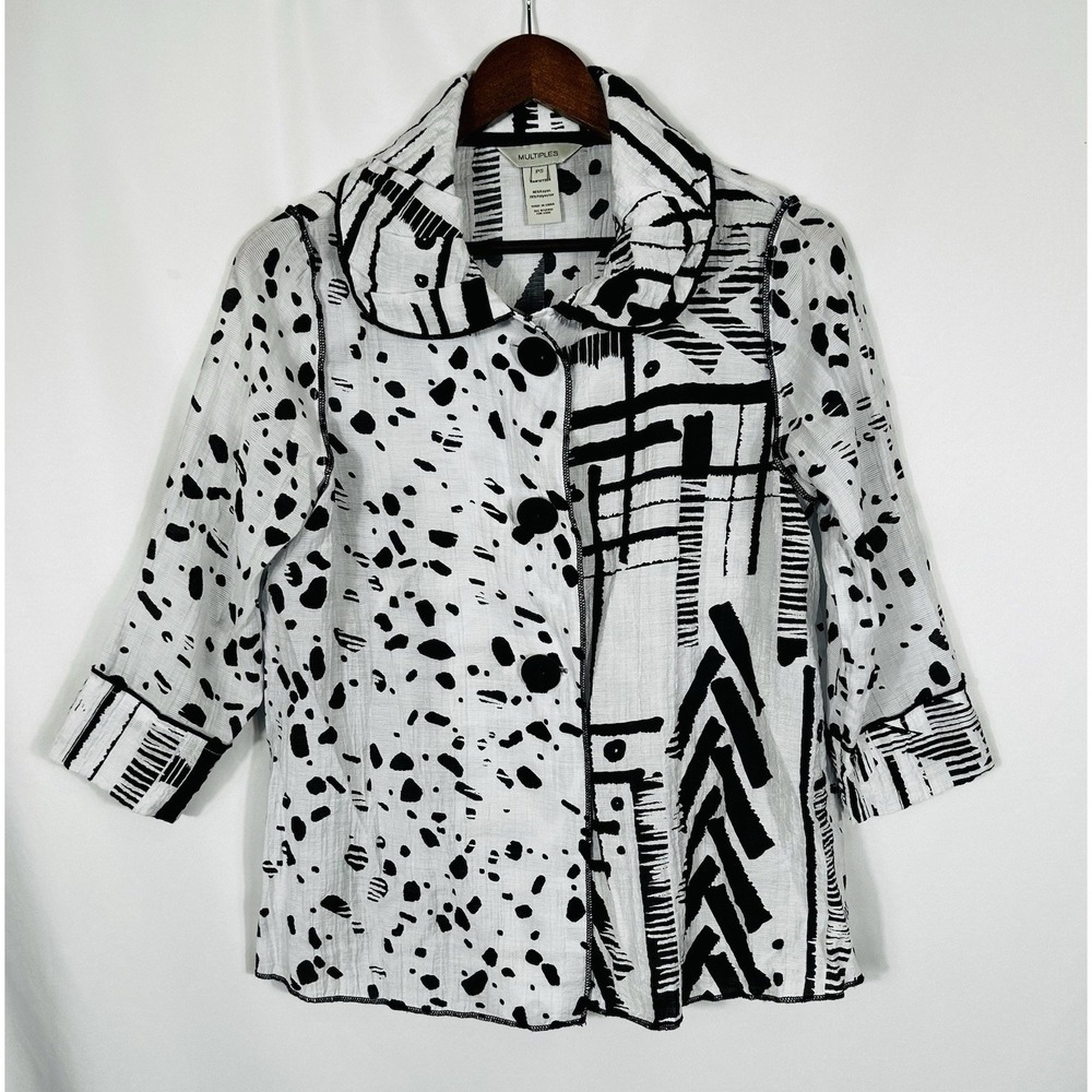Womens Black & White Button Up Top Size PS 3/4 Sleeve Art To Wear Lagenlook Boho